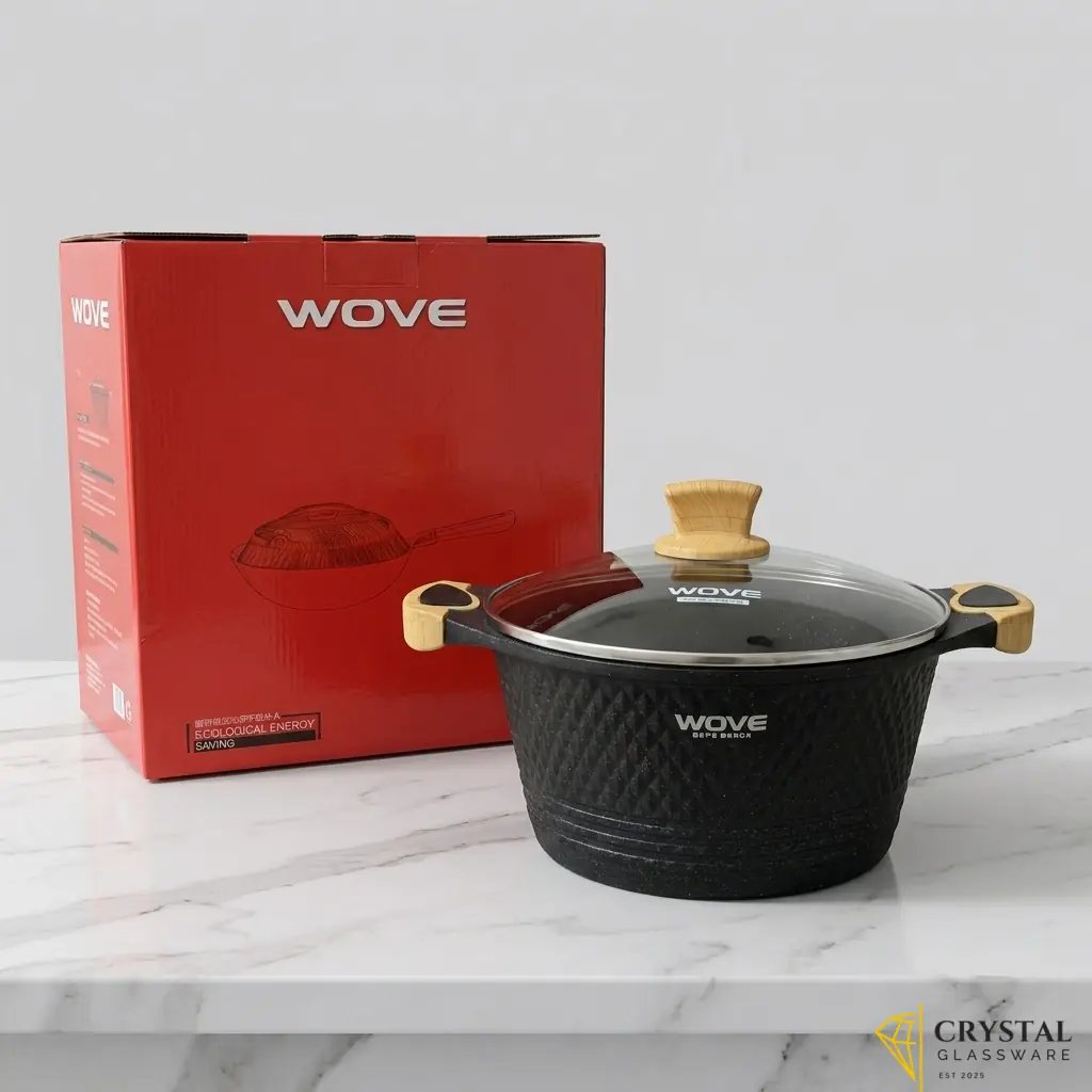 Wove branded non-stick granite casserole pot with a glass lid and wooden handles - 24 cm